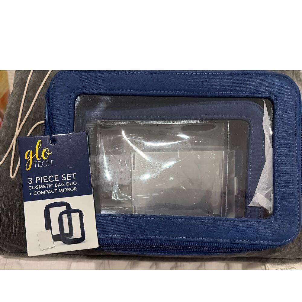GloTECH 3 piece Cosmetic Bag Duo+Mirror, Blue